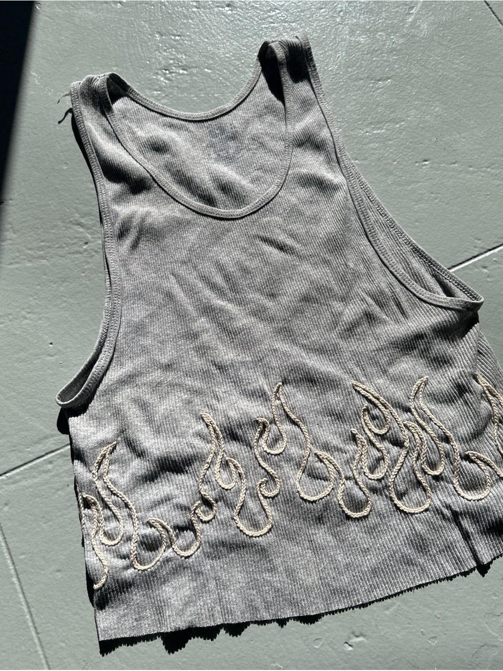 Gray Ribbed Tank Top With Hand Embroidered Flame Detail